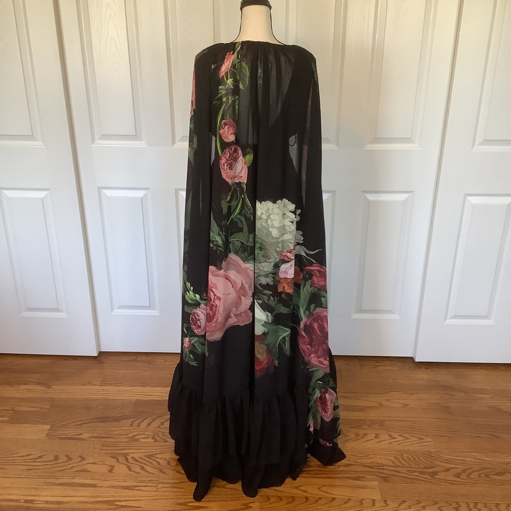 Alice + Olivia Be Still Floral Cape Maxi Dress Black Pink Rose Size 0 NWT - Picture 3 of 14